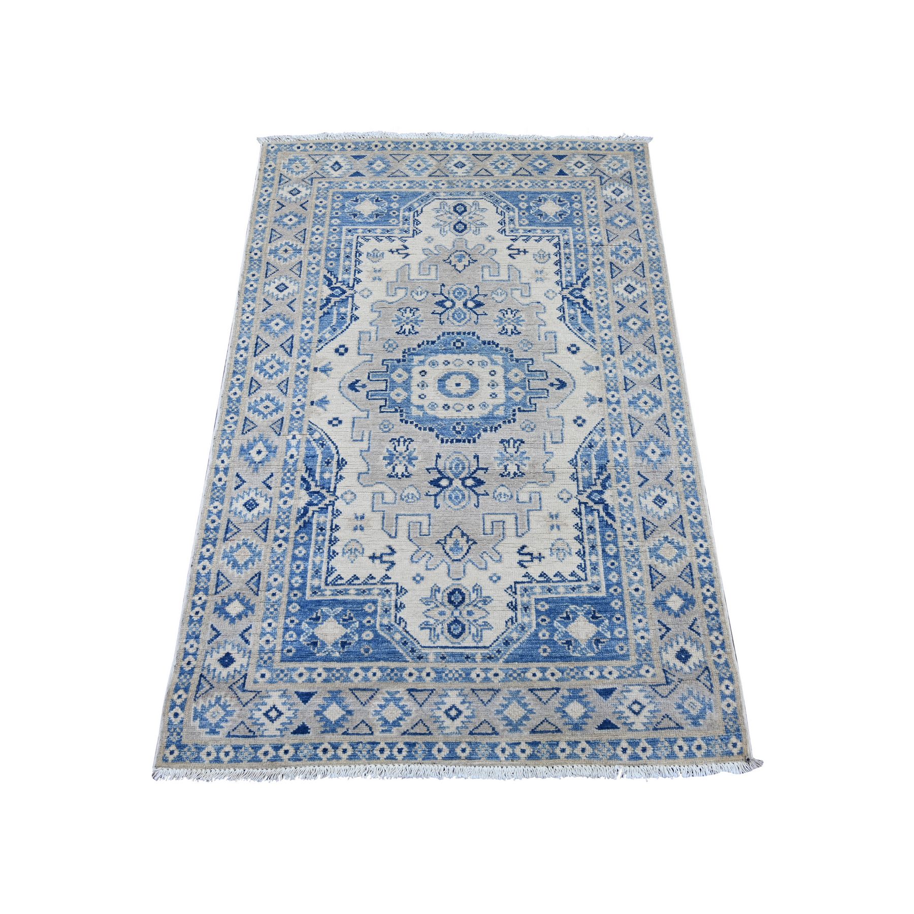 3'x4'9" Alabaster White, Vintage Look Kazak with Geometric Pattern, Hand Knotted, 100% Wool, Natural Dyes, Oriental Rug 